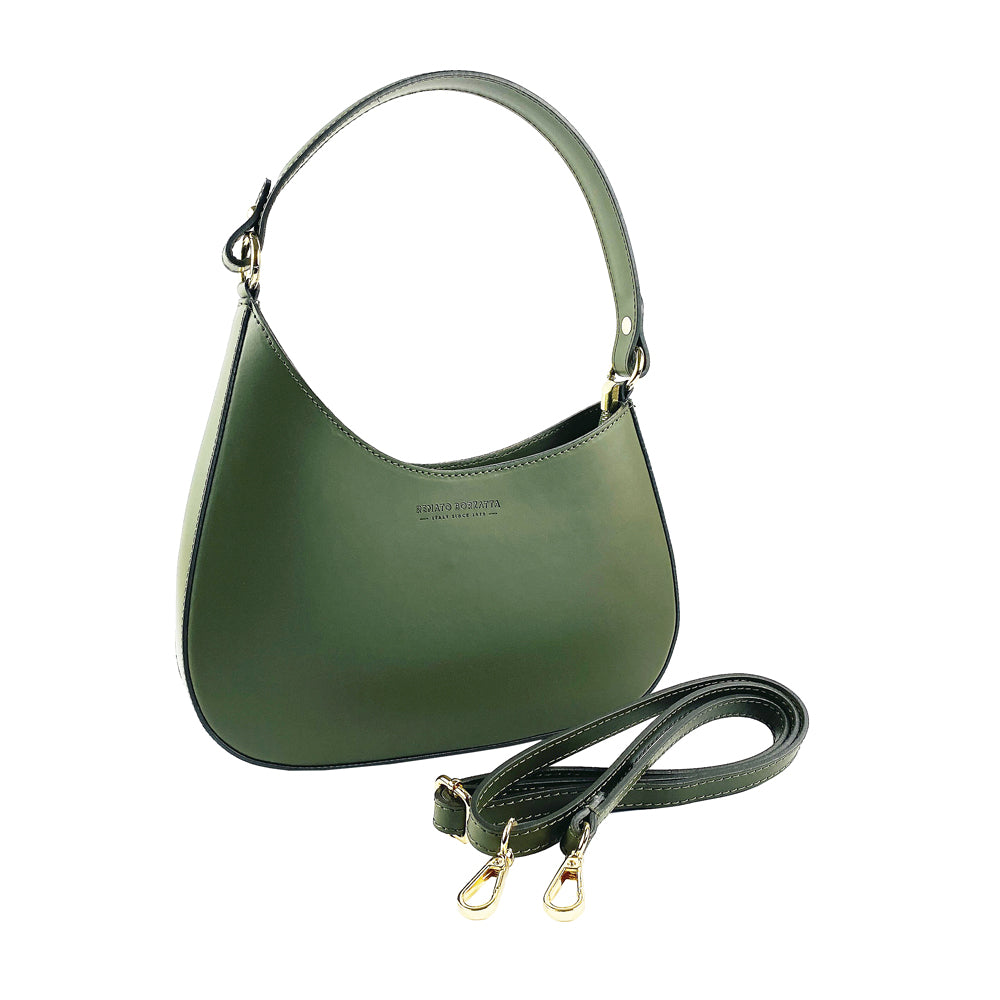 RB1013E | Borsa Donna a spalla e Tracolla removibili in Vera Pelle Made in Italy. Attacchi con moschettoni in metallo Oro Lucido - Colore Verde - Dimensioni: cm 28 x 6 x 25 + 12 (manico) Kailimood.store