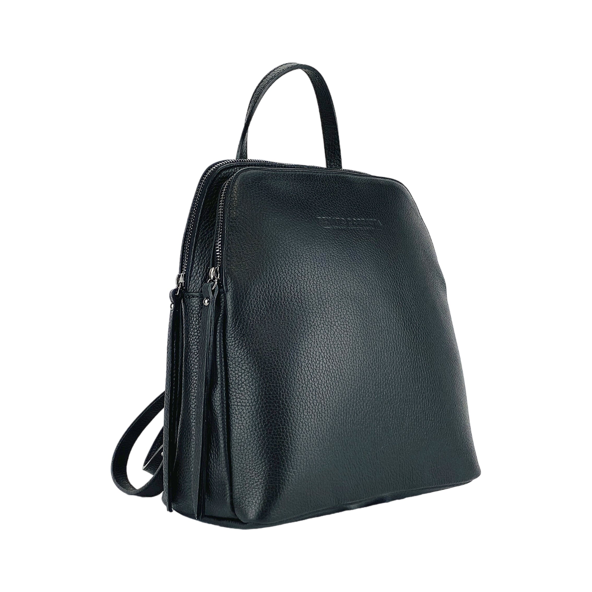 RB1018A | Zaino Donna Doppio scomparto in Vera Pelle Made in Italy con spallacci regolabili. Accessori in metallo Canna di Fucile - Colore Nero - Dimensioni: cm 26 x 30 x 14,5 Kailimood.store