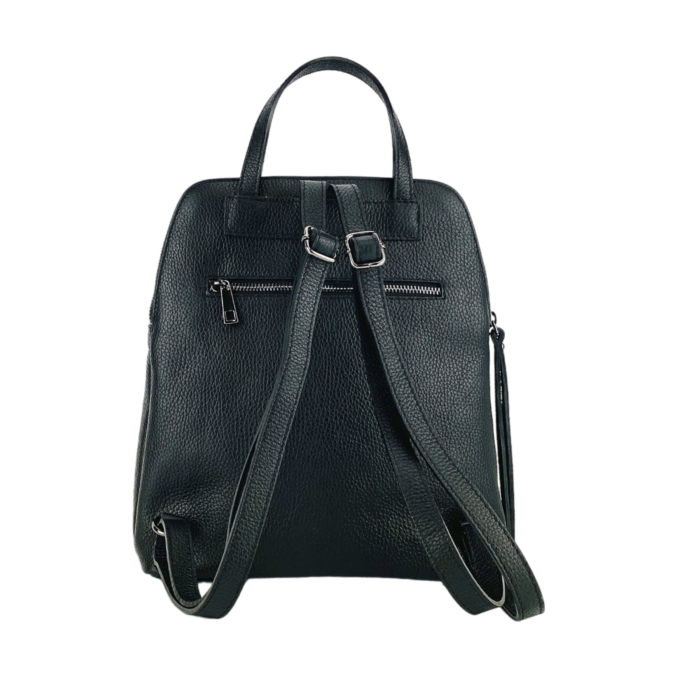 RB1018A | Zaino Donna Doppio scomparto in Vera Pelle Made in Italy con spallacci regolabili. Accessori in metallo Canna di Fucile - Colore Nero - Dimensioni: cm 26 x 30 x 14,5 Kailimood.store