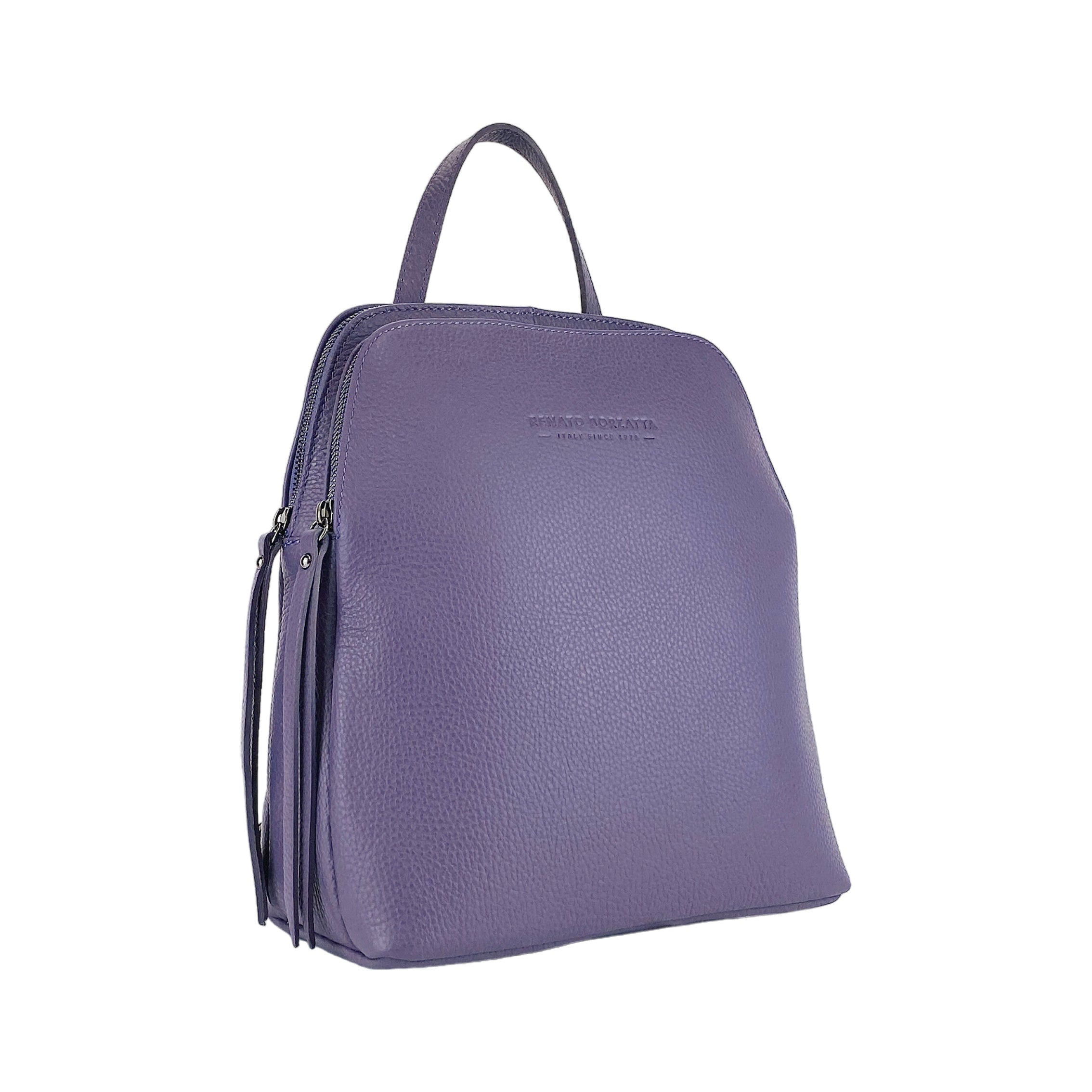 RB1018Y | Zaino Donna Doppio scomparto in Vera Pelle Made in Italy con spallacci regolabili. Accessori in metallo Canna di Fucile - Colore Viola - Dimensioni: cm 26 x 30 x 14,5 Kailimood.store