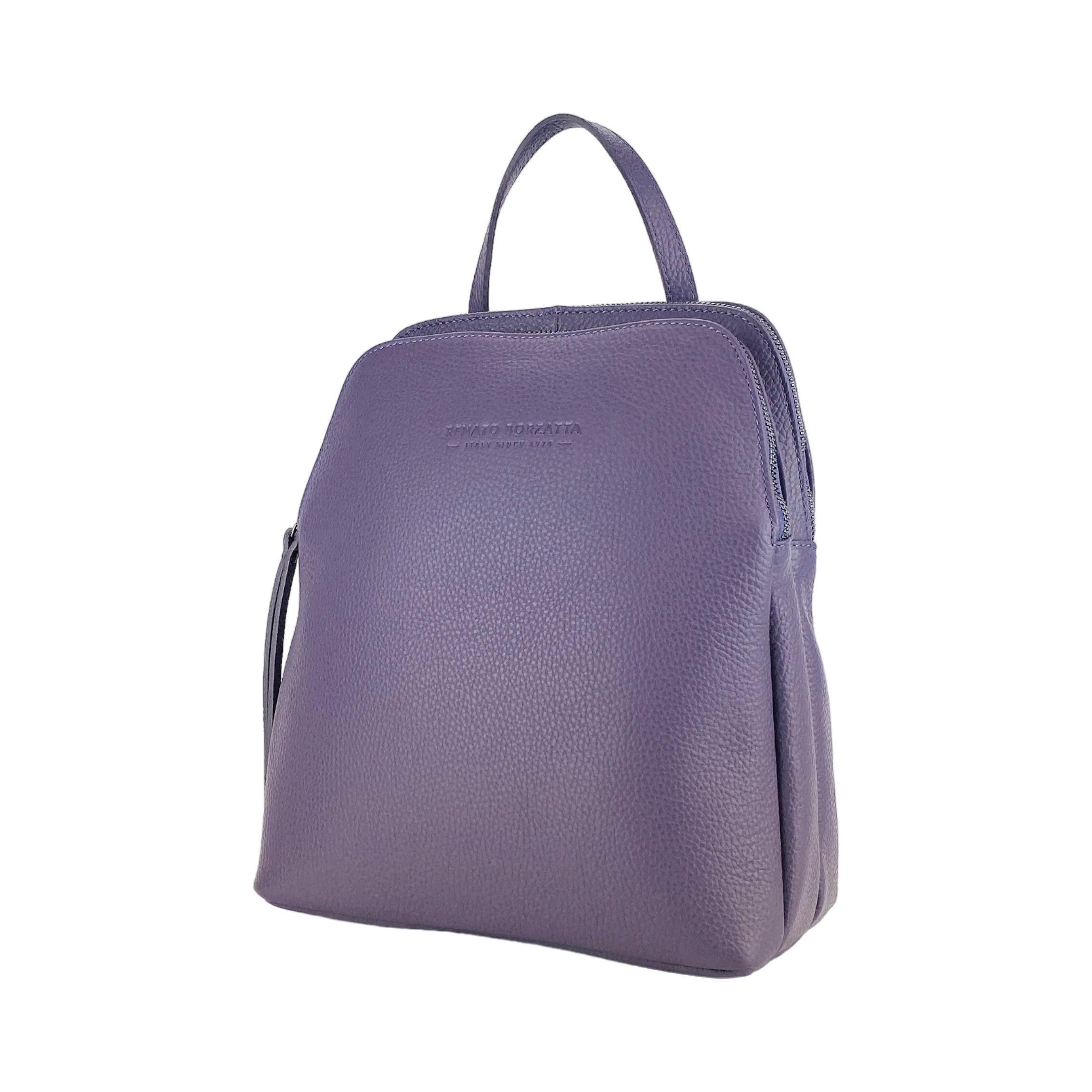 RB1018Y | Zaino Donna Doppio scomparto in Vera Pelle Made in Italy con spallacci regolabili. Accessori in metallo Canna di Fucile - Colore Viola - Dimensioni: cm 26 x 30 x 14,5 Kailimood.store