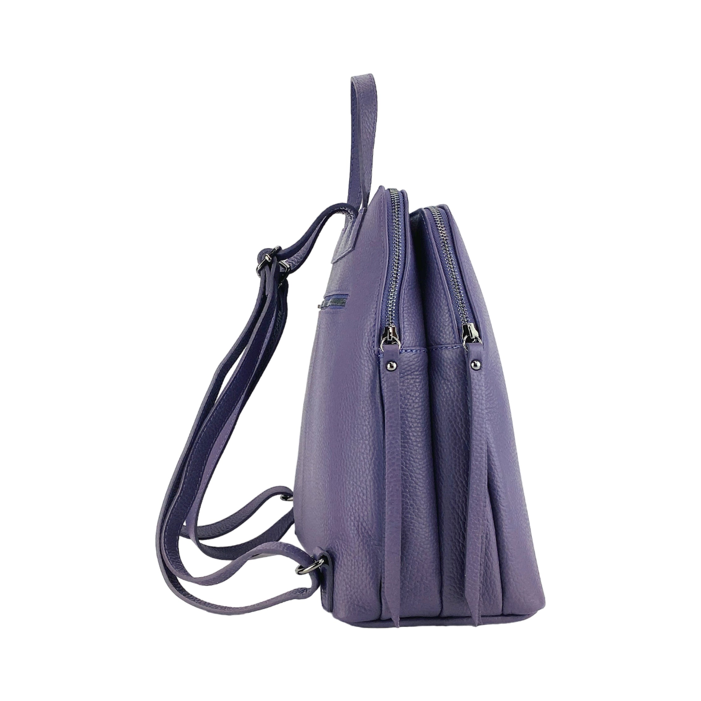 RB1018Y | Zaino Donna Doppio scomparto in Vera Pelle Made in Italy con spallacci regolabili. Accessori in metallo Canna di Fucile - Colore Viola - Dimensioni: cm 26 x 30 x 14,5 Kailimood.store