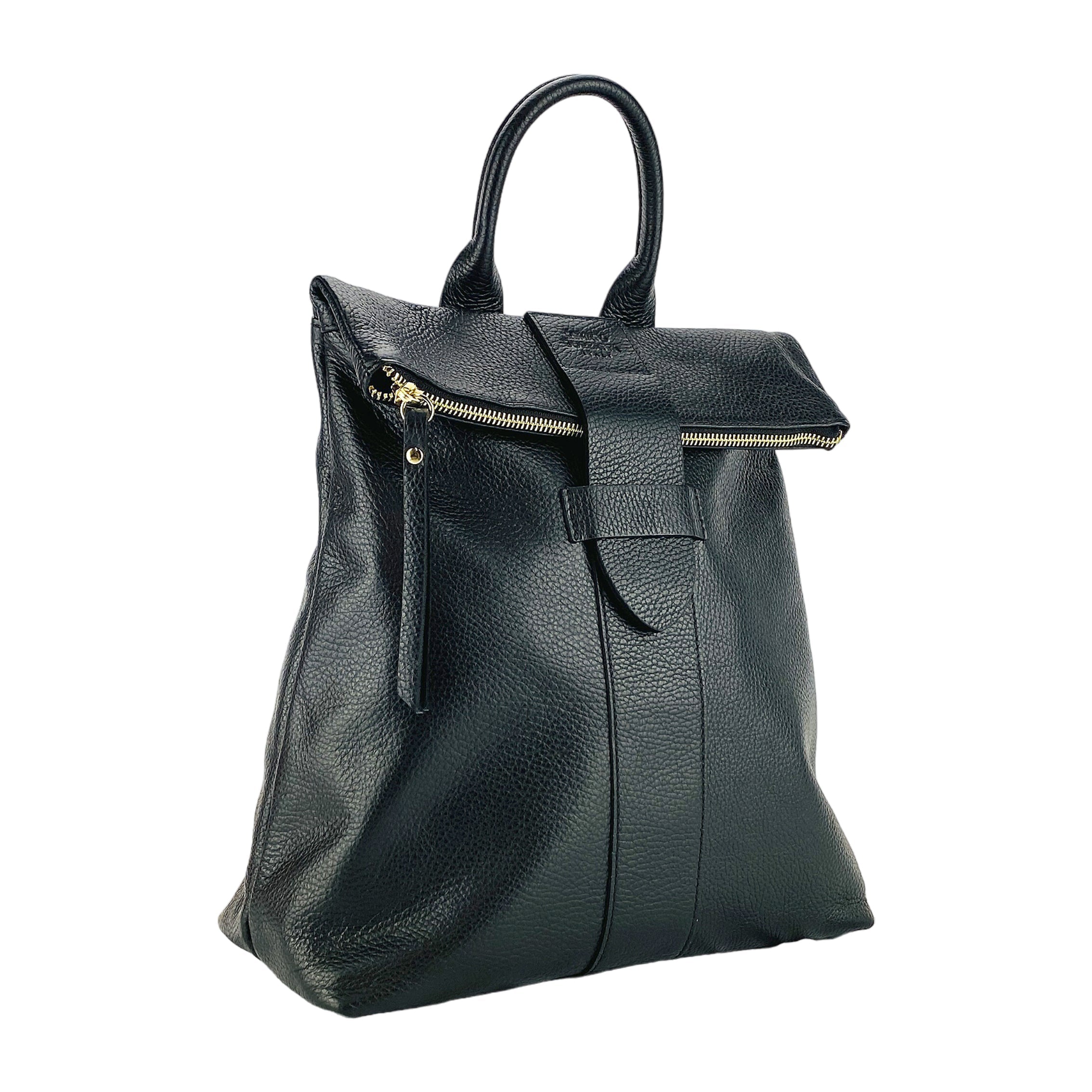 RB1021A | Zaino Donna Morbido in Vera Pelle Made in Italy con Spallacci regolabili. Chiusura lampo e Accessori in metallo Oro Lucido - Colore Nero - Dimensioni: cm 30 x 34 x 10,5 Kailimood.store