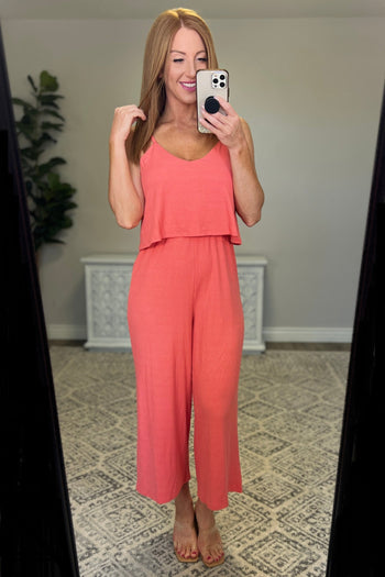 Ribbed Double Layer Jumpsuit in Deep Coral |   |  Casual Chic Boutique