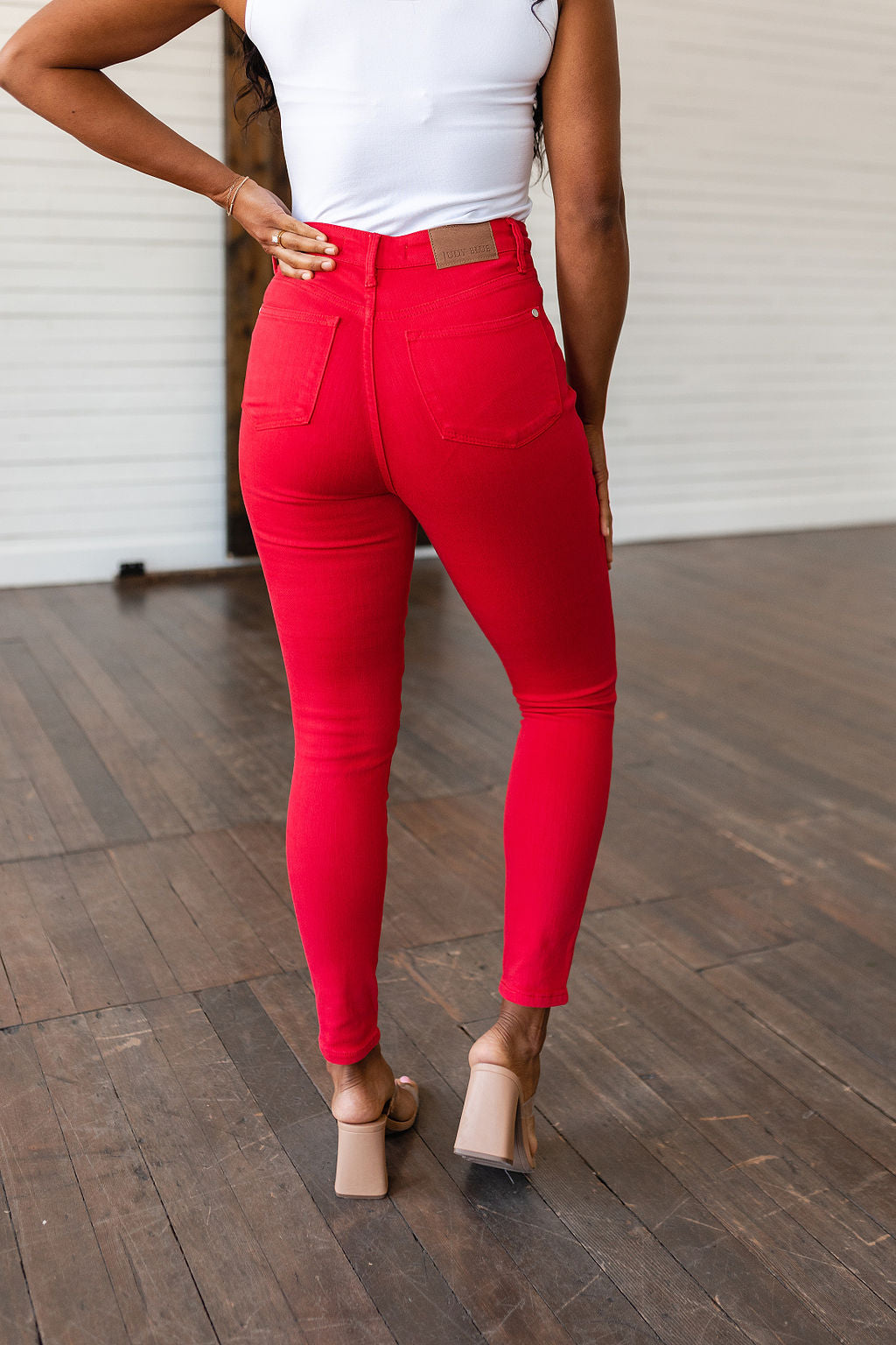 Ruby High Rise Control Top Garment Dyed Skinny Jeans in Red Ave Shops