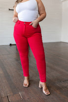 Ruby High Rise Control Top Garment Dyed Skinny Jeans in Red Ave Shops