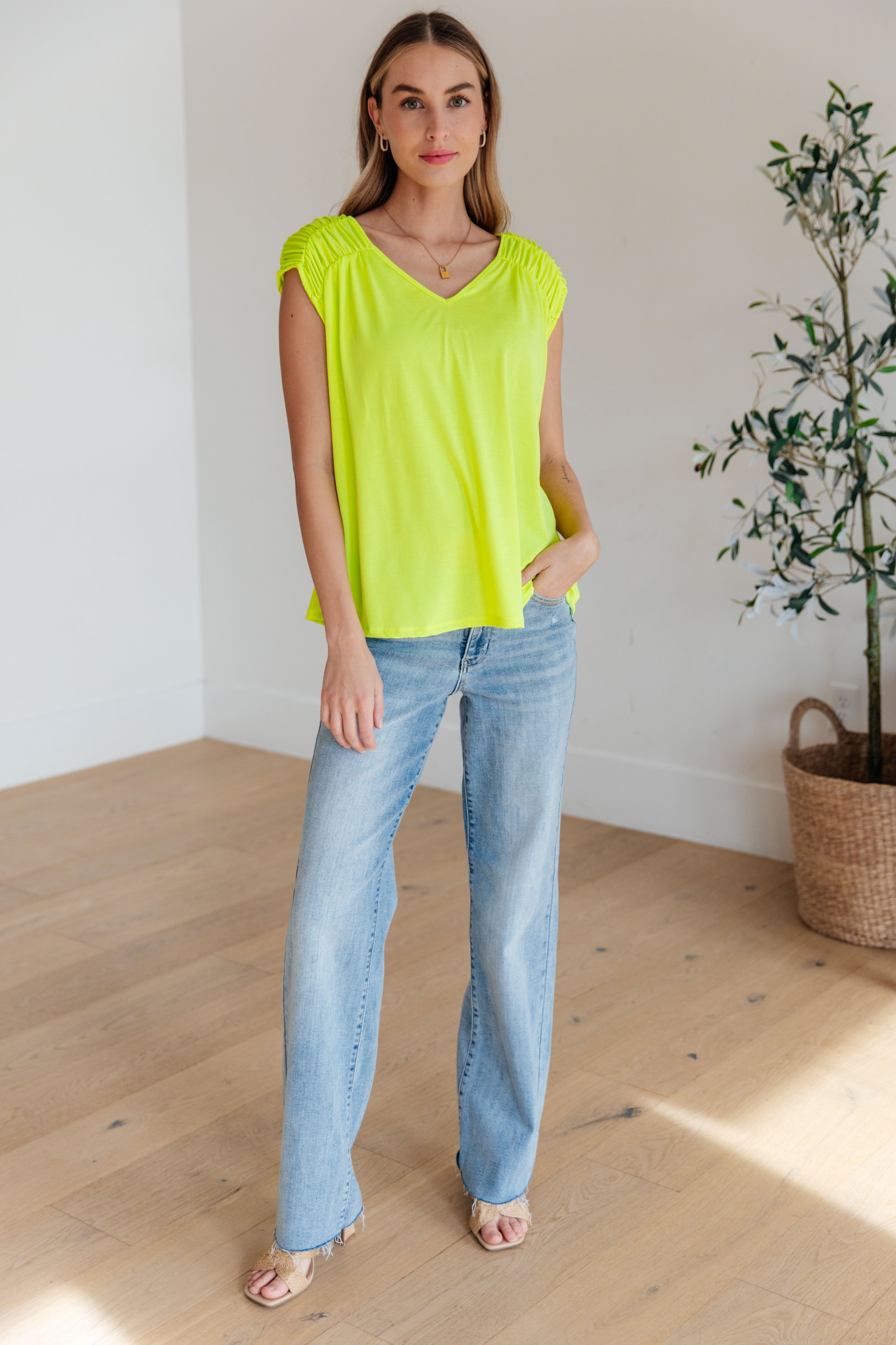 Ruched Cap Sleeve Top in Neon Green Ave Shops