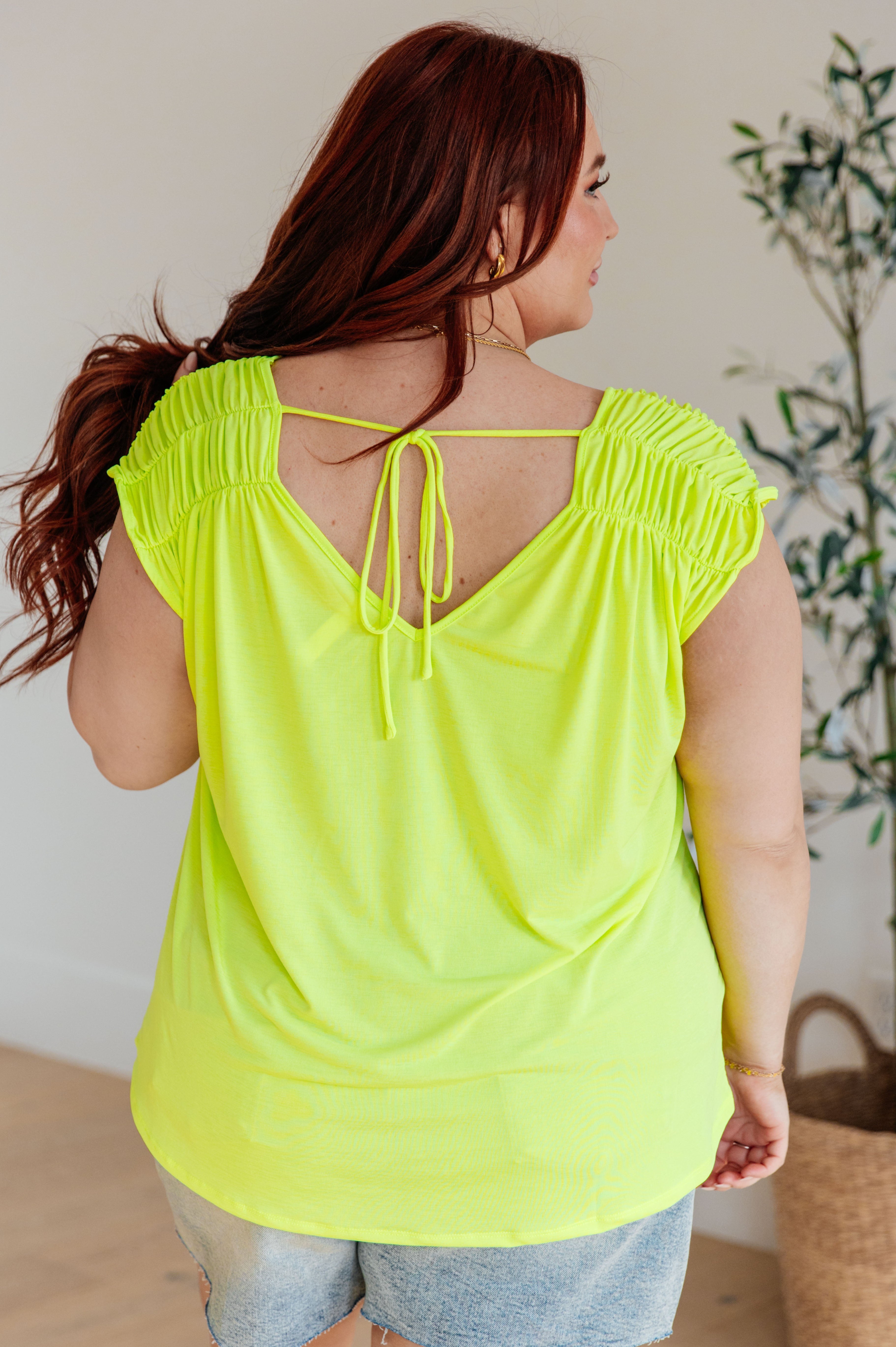 Ruched Cap Sleeve Top in Neon Green Ave Shops