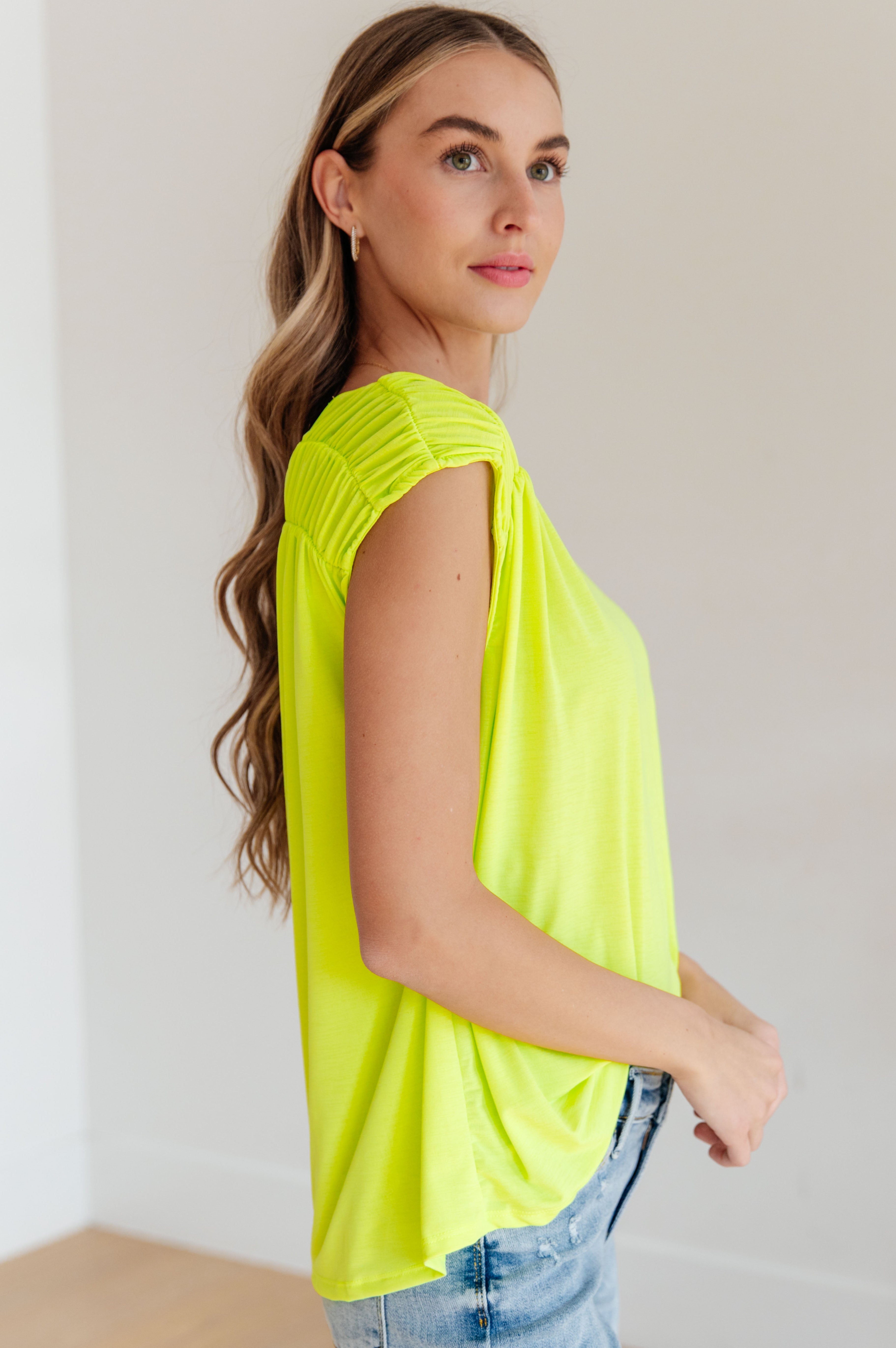 Ruched Cap Sleeve Top in Neon Green Ave Shops