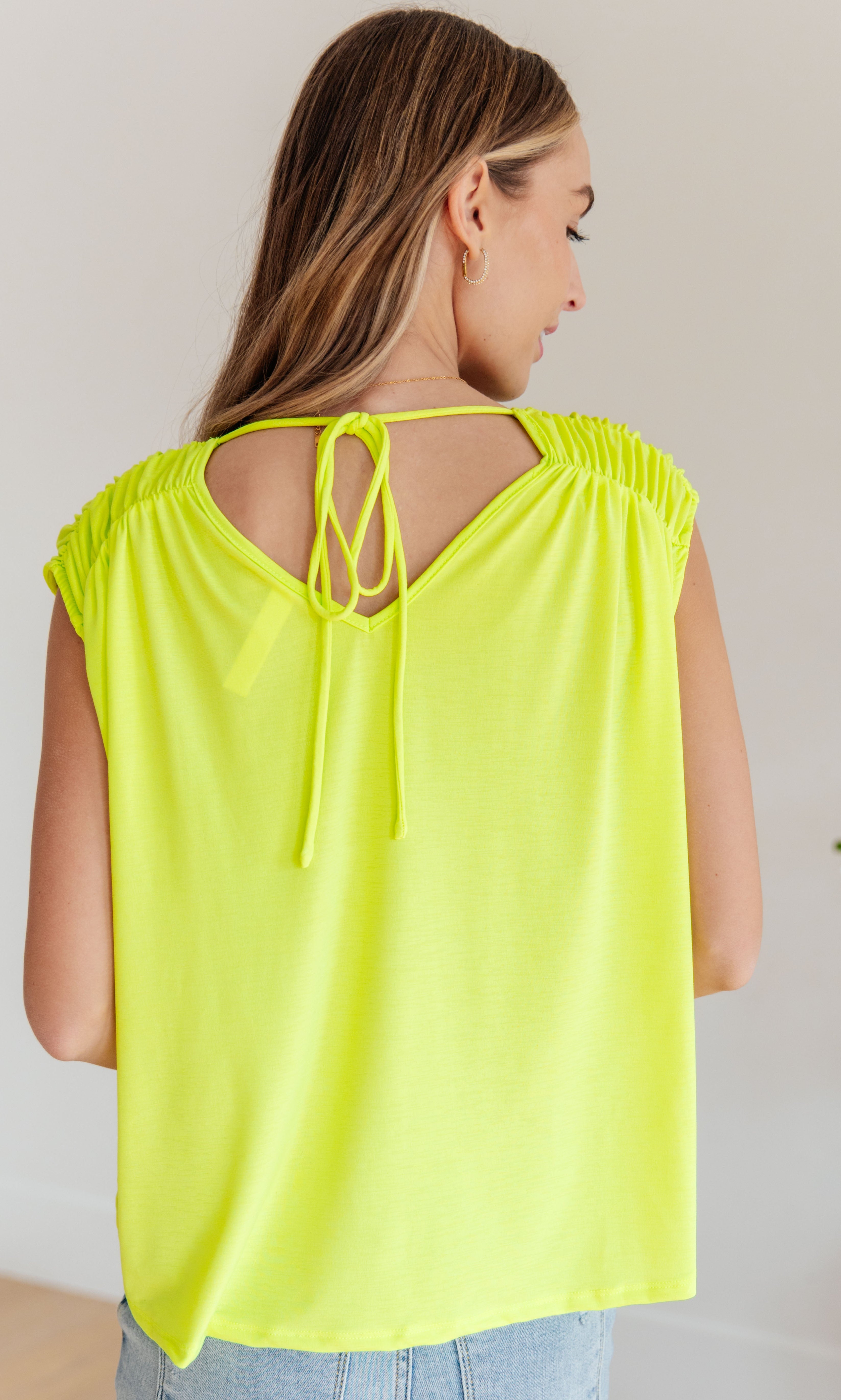 Ruched Cap Sleeve Top in Neon Green Ave Shops