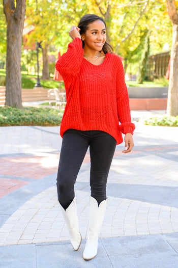 Seasonal Shift Long Sleeve Knit Sweater In Red Ave Shops