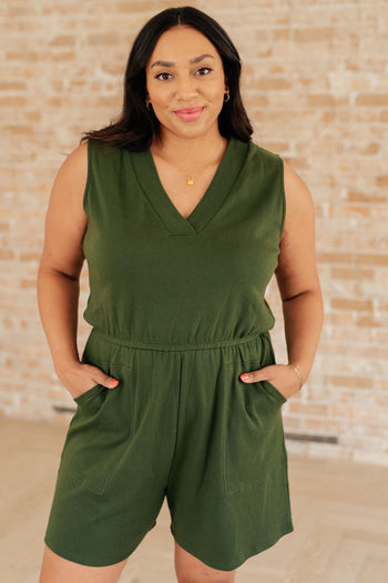 Sleeveless V-Neck Romper in Army Green Ave Shops