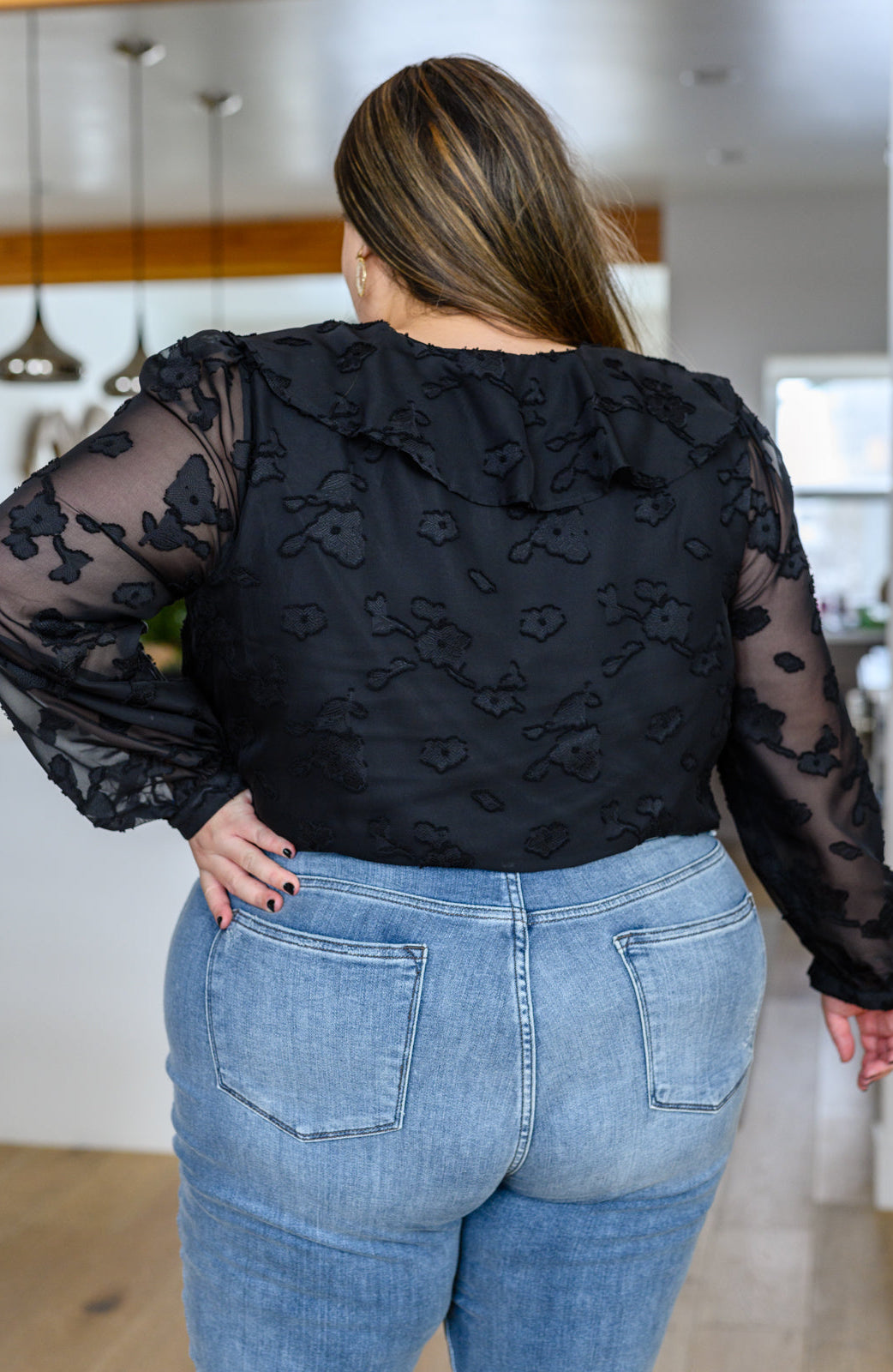 Think Of Me Ruffle Long Sleeve Bodysuit in Black Ave Shops