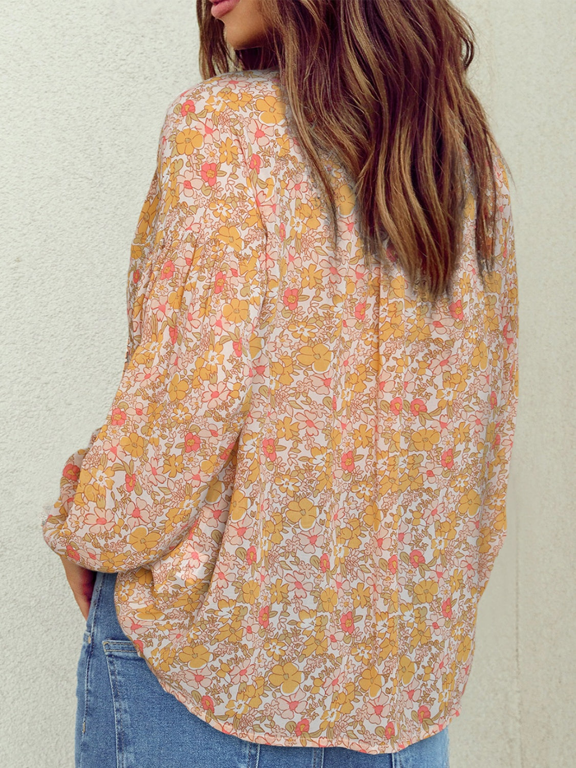 Printed Notched Balloon Sleeve Blouse Trendsi