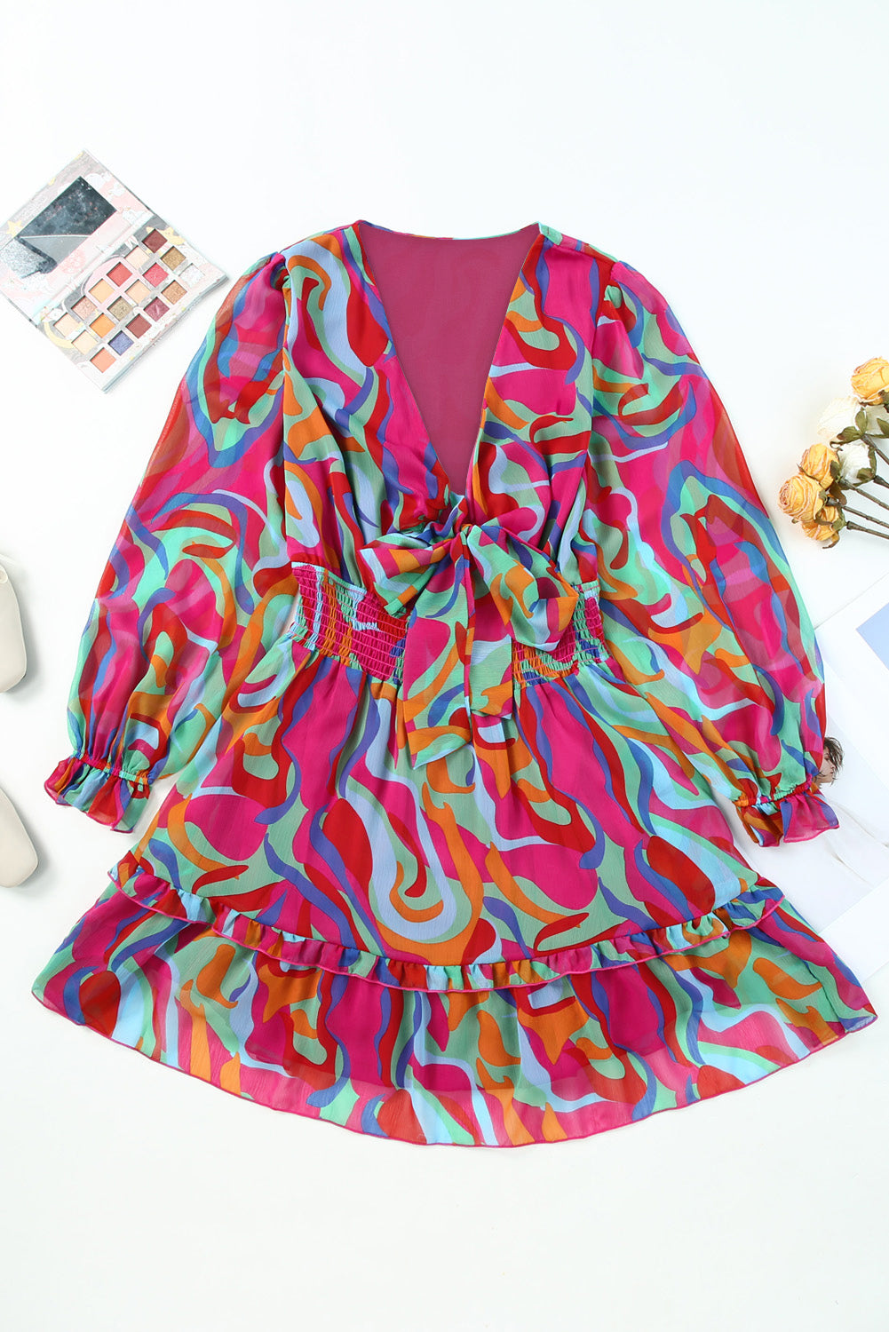 Printed Flounce Sleeve Mini Dress Trendsi