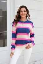 Color Block Round Neck Dropped Shoulder Sweater Trendsi