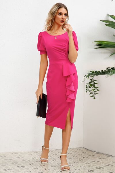 Slit Ruffled Puff Sleeve Midi Dress Trendsi