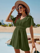 Smocked V-Neck Short Sleeve Dress Trendsi