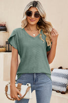 Eyelet V-Neck Petal Sleeve T-Shirt Trendsi