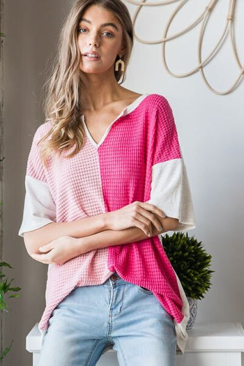 Heimish Full Size Contrast Waffle-Knit Half Sleeve Blouse Trendsi