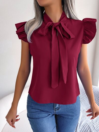 Tie  Neck Cap Sleeve Blouse Trendsi