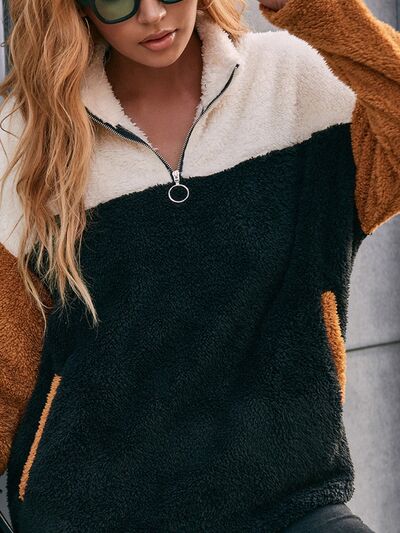 Color Block Quarter Zip Dropped Shoulder Sweatshirt Trendsi