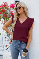 Ruffled V-Neck Cap Sleeve Blouse Trendsi