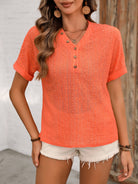 Eyelet V-Neck Short Sleeve Top Trendsi