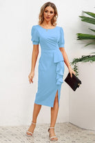 Slit Ruffled Puff Sleeve Midi Dress Trendsi