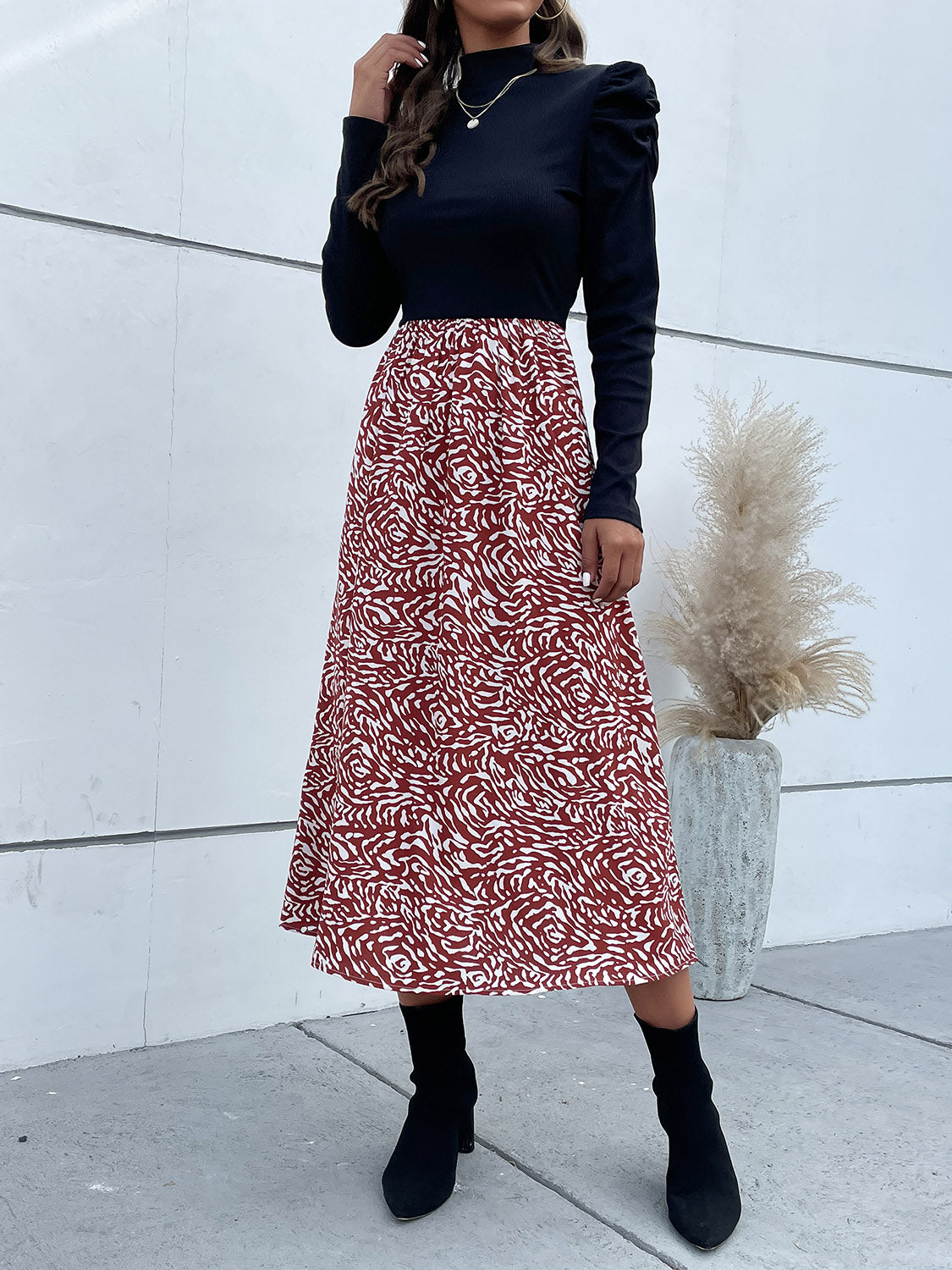 Printed Mock Neck Puff Sleeve Midi Dress Trendsi