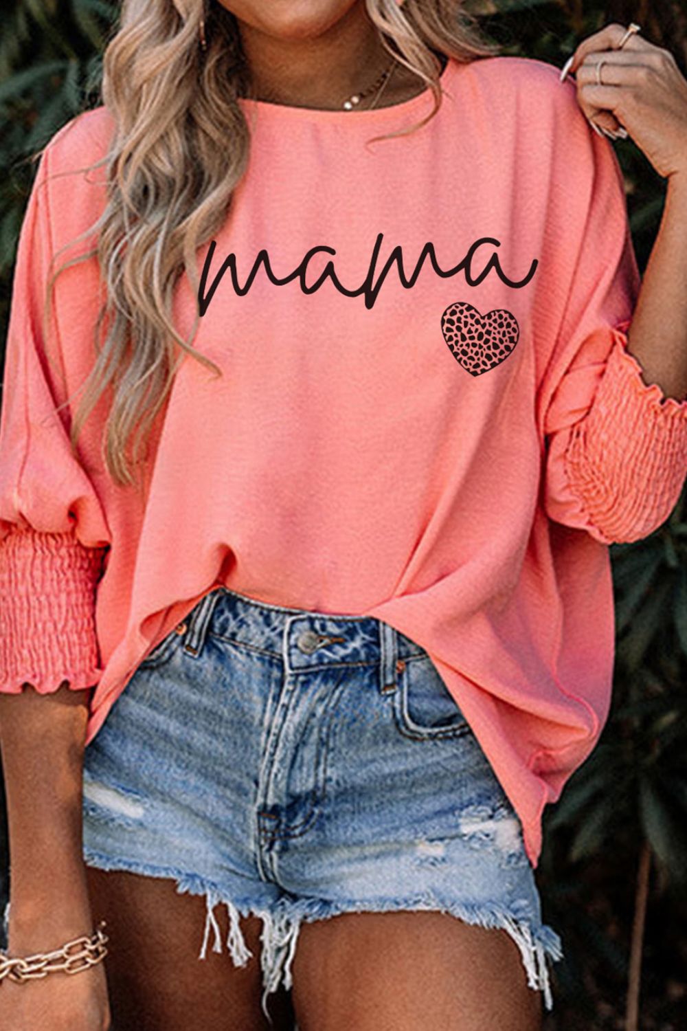 MAMA Round Neck Lantern Sleeve Blouse Trendsi