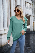 Ruffled Heathered V-Neck Long Sleeve T-Shirt Trendsi