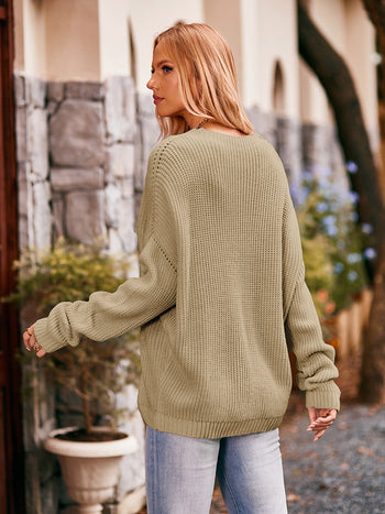 Waffle-Knit Long Sleeve Sweater Trendsi