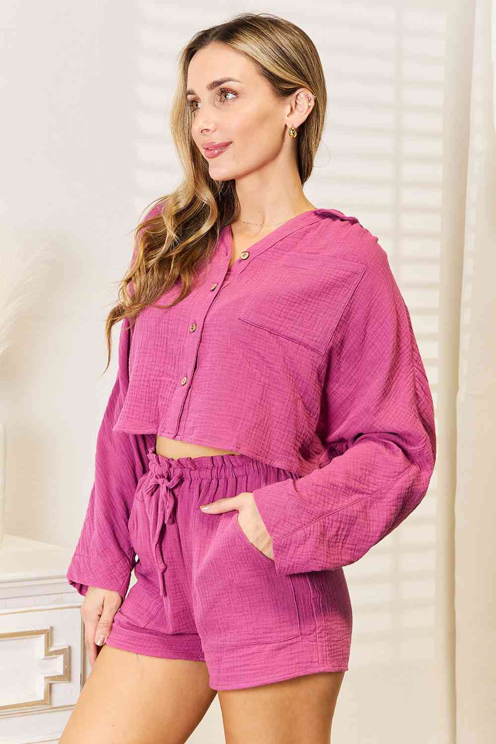 Basic Bae Buttoned Long Sleeve Top and Shorts Set Trendsi