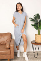 Double Take Short Sleeve Front Slit Hooded Dress Trendsi