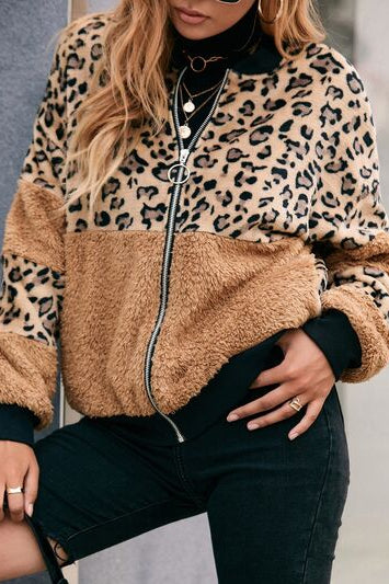 Leopard Zip Up Plush Jacket Trendsi
