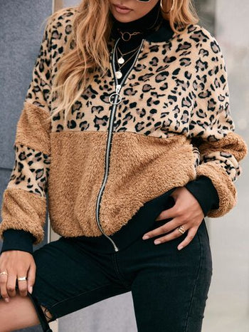 Leopard Zip Up Plush Jacket Trendsi