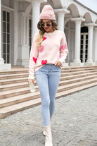 Heart Round Neck Droppped Shoulder Sweater Trendsi