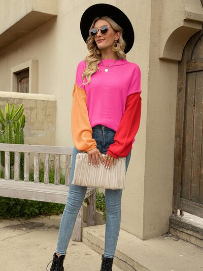 Color Block Dropped Shoulder Sweater Trendsi