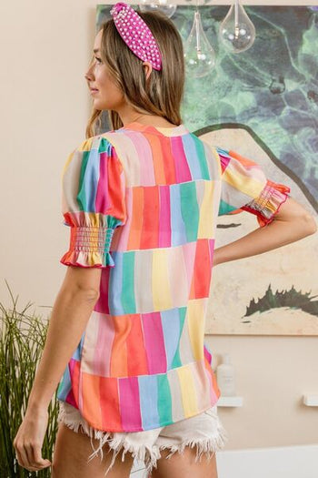 BiBi Color Block Smocked Short Sleeve Blouse Trendsi