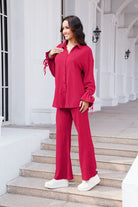 Drawstring Flounce Sleeve Shirt and Pants Set Trendsi