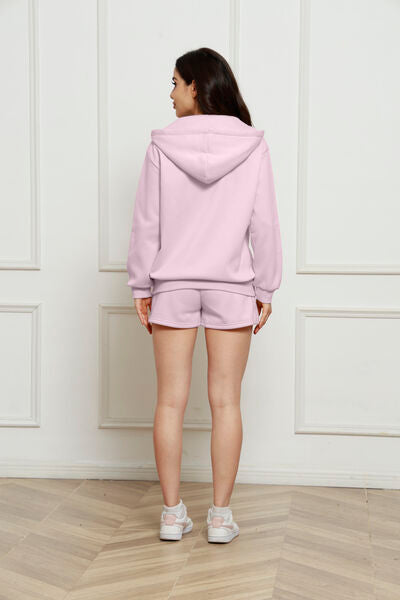 Zip Up Drawstring Hoodie and Shorts Set Trendsi