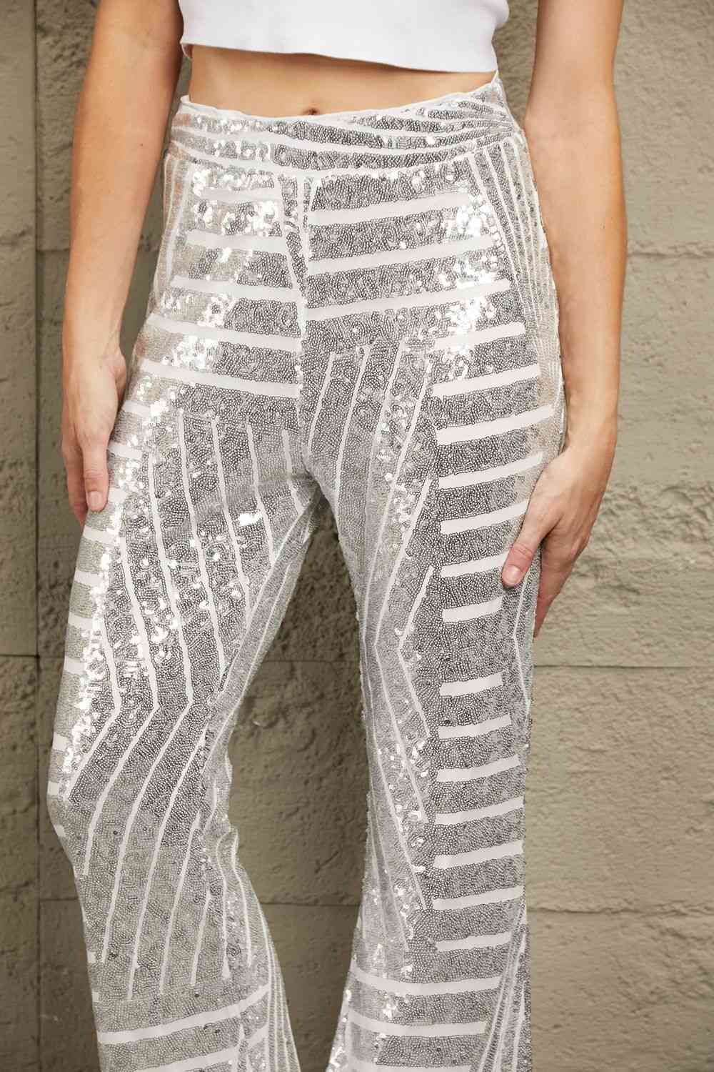 Double Take Sequin High Waist Flared Pants Trendsi