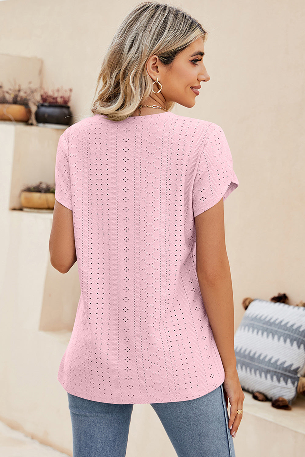 Eyelet V-Neck Petal Sleeve T-Shirt Trendsi