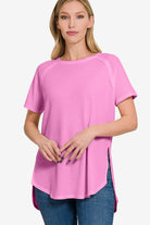 Zenana Slit Round Neck Short Sleeve Waffle Top Trendsi