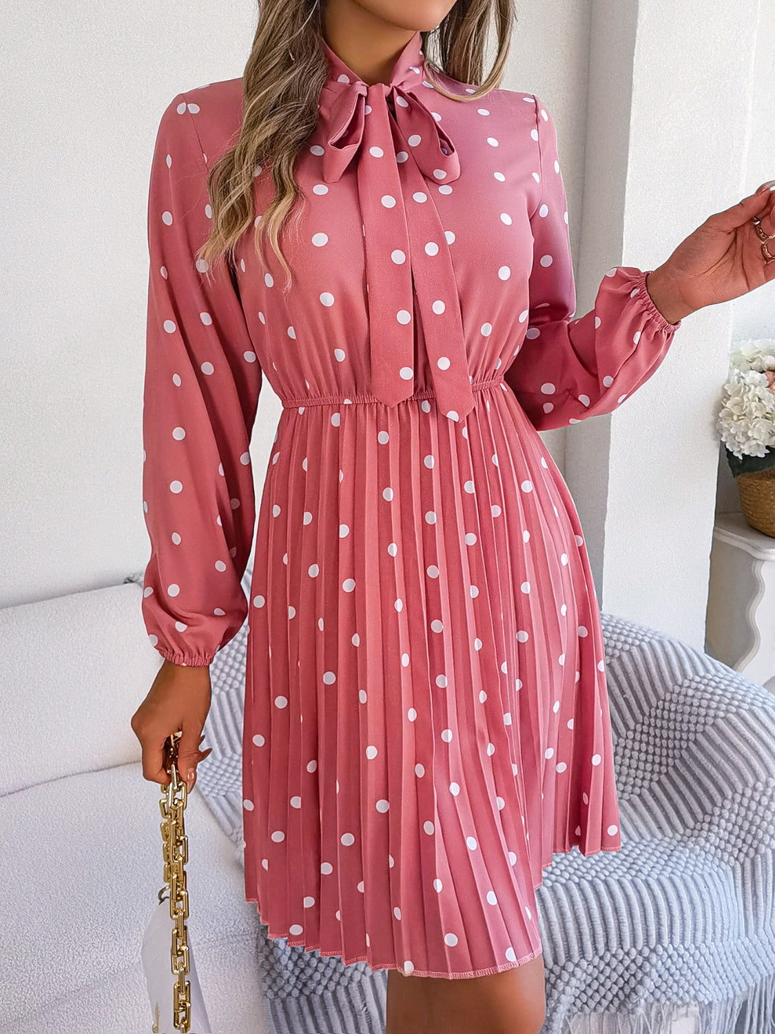 Polka Dot Tie Neck Pleated Dress Trendsi