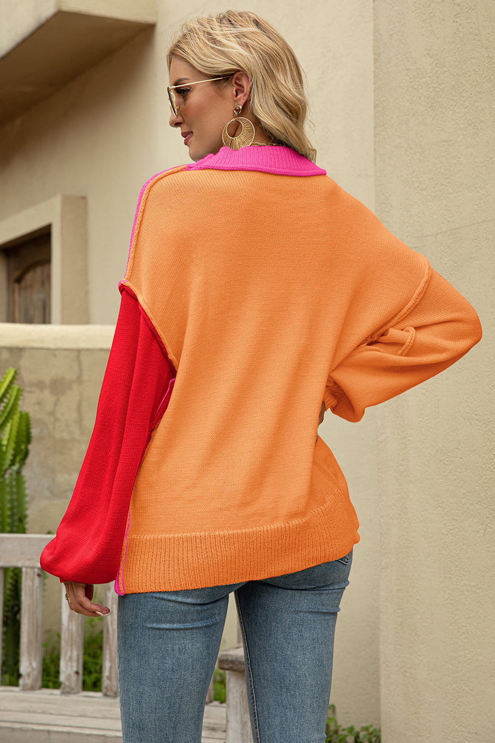 Color Block Round Neck Dropped Shoulder Sweater Trendsi