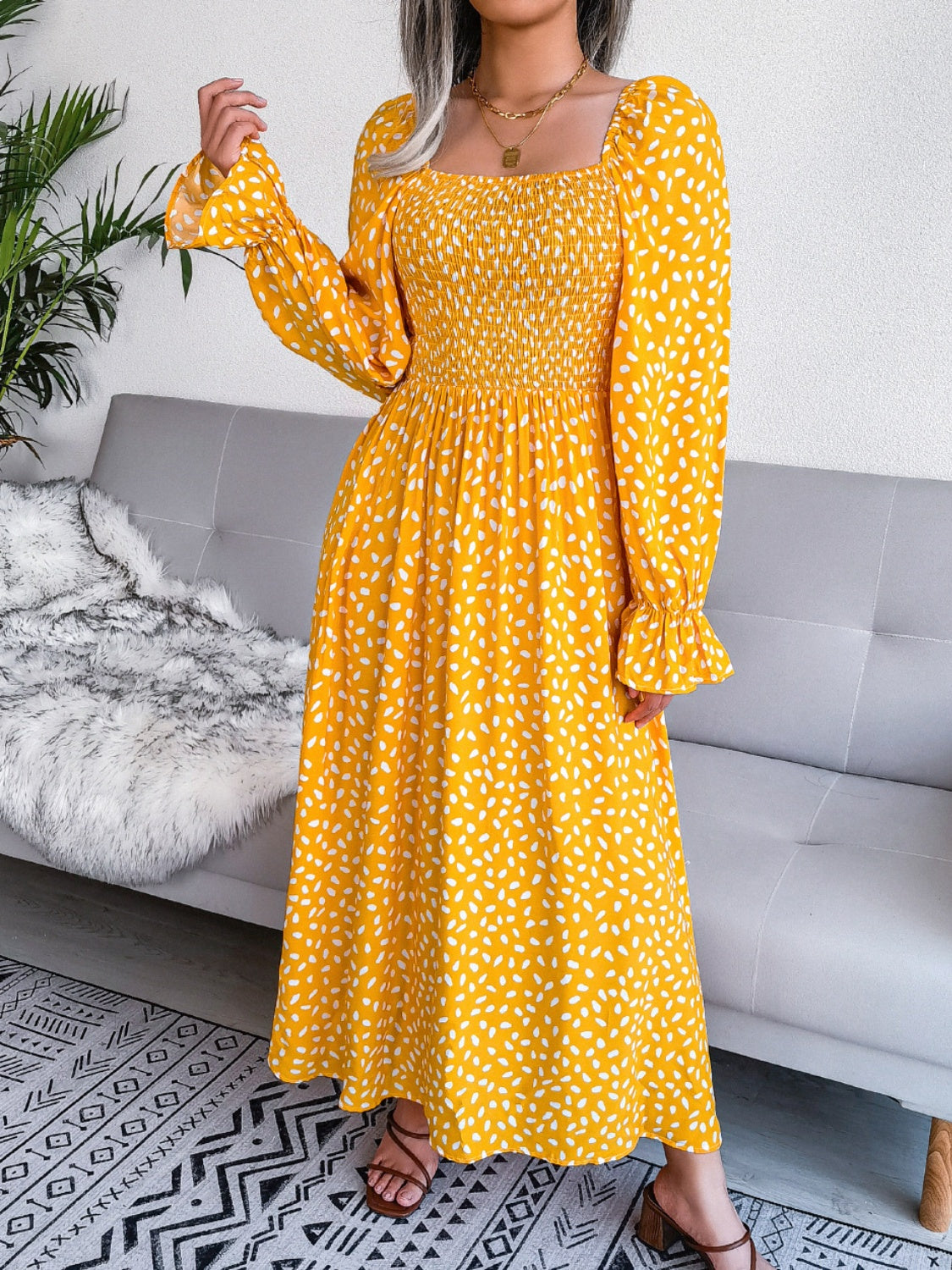 Smocked Square Neck Flounce Sleeve Dress Trendsi