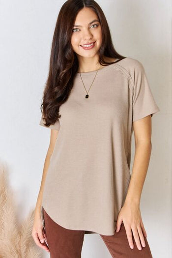 Zenana Baby Waffle Short Sleeve Slit High-Low T-Shirt Trendsi