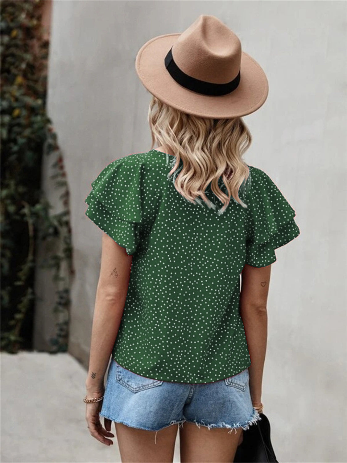 Ruffled Polka Dot Round Neck Short Sleeve Blouse Trendsi